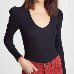 Free People Intimately Black Hey Lady Ribbed Puff Sleeve Top